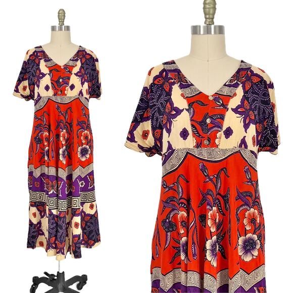 Vintage Dresses & Skirts - Vtg Jaya Baya Batik Floral Midi Dress size M/L Indonesia Wax Block Print